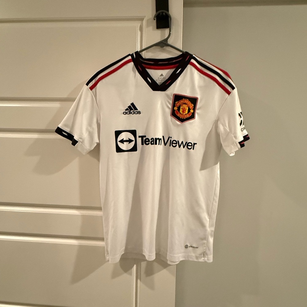 adidas White Manchester United Away Jersey with Black $ Red Trim - Jadon Sancho